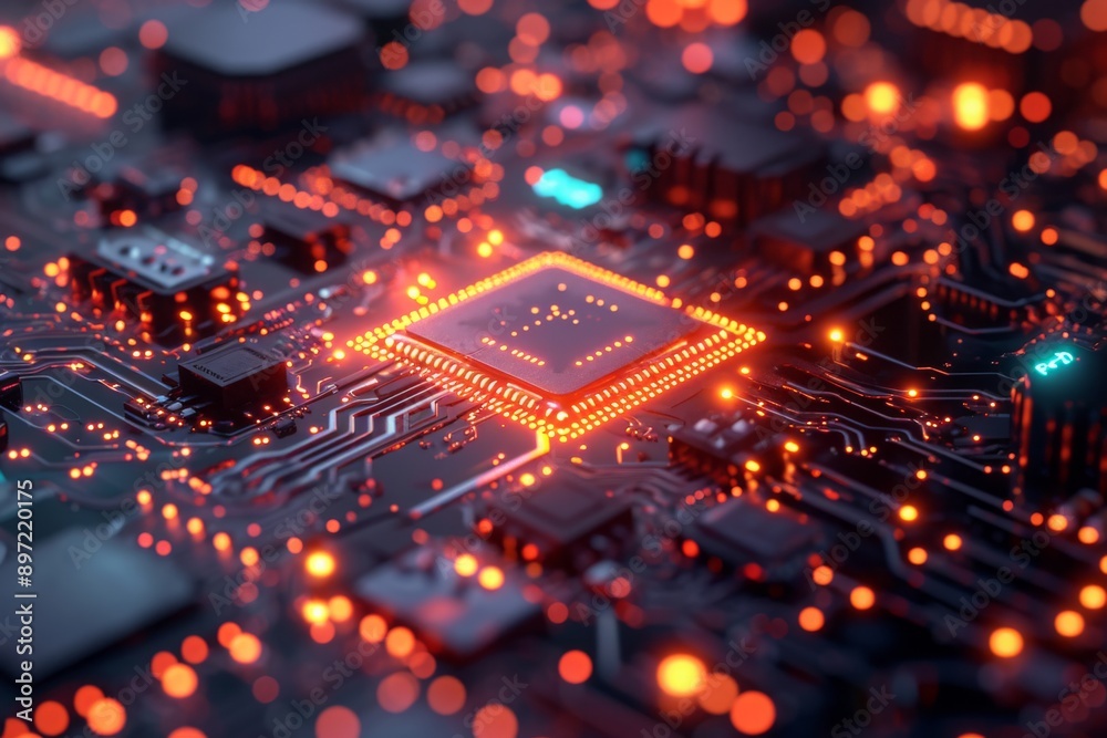 A detailed view of the inner workings of a computer circuit board showing intricate patterns and connections, Futuristic, minimalistic depiction of quantum computing, AI Generated