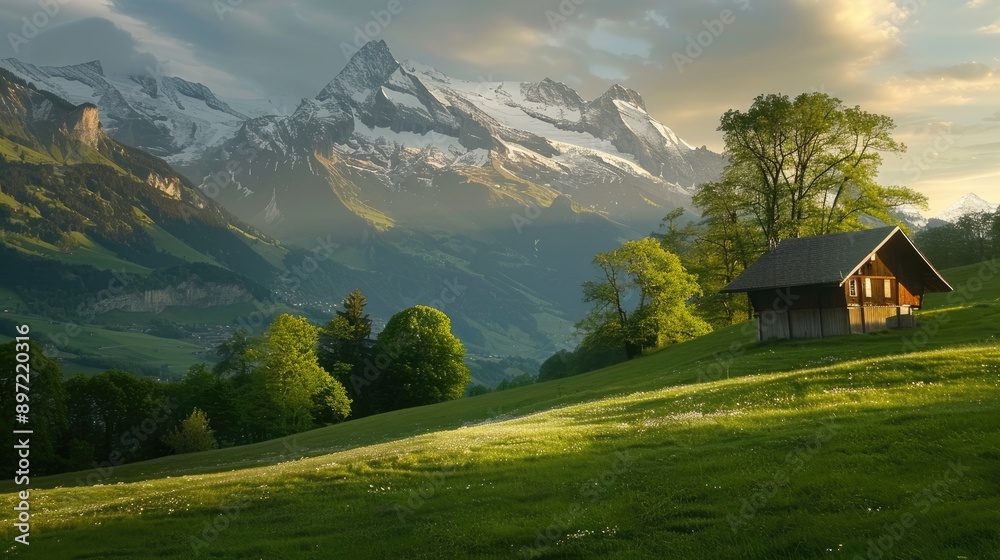 The serene beauty of the Swiss countryside, with green pastures and snow-capped mountains. The serene beauty of the Swiss countryside, with green pastures and snow-capped mountains.