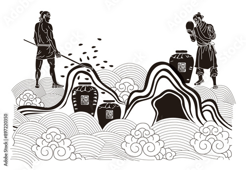 Winemaking scene black and white decorative illustration.