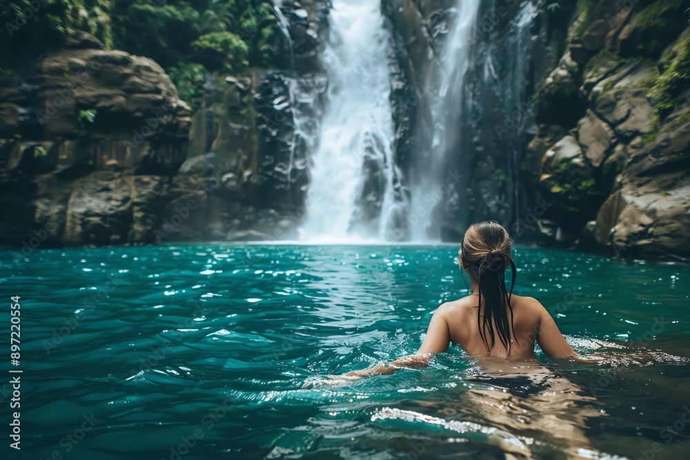 Woman enjoying a swim in turquoise pool beneath a majestic waterfall, surrounded by lush greenery and rocky cliffs. Nature and tranquility. Woman enjoying a swim in turquoise pool beneath a majestic waterfall, surrounded by lush greenery and rocky cliffs. Nature and tranquility.