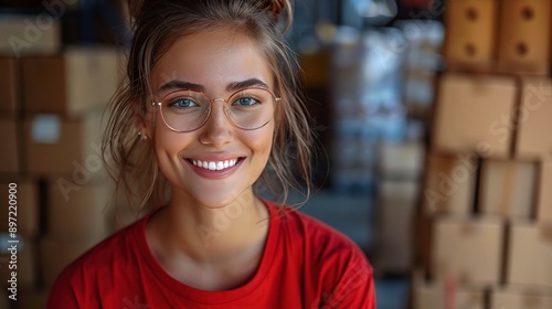Free Download Smiling Young Woman with Glasses and Red Shirt in a Warehouse: Captivating portrait of a young woman radiating confidence and joy - GFXLoad