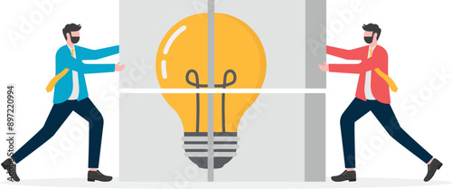 Two businessmen work collaboratively to complete creativity and ideas, two businessmen puzzle the creative cube together

