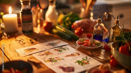 Drawings of vegetables lying on a table full of vegetables, oil and vinegar bottles in a kitchen by candlelight