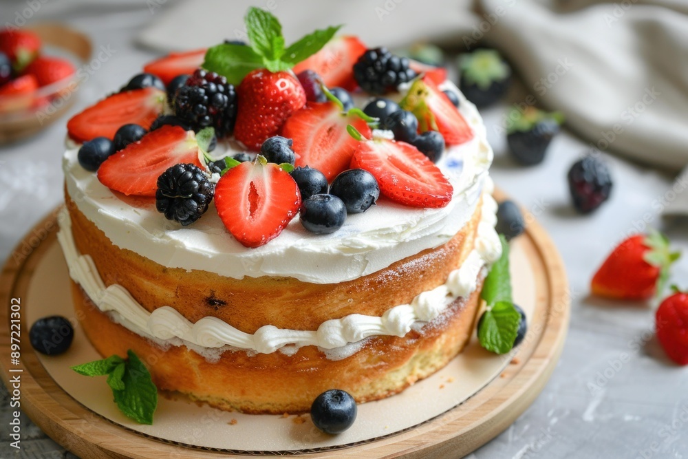 Delicious homemade berry cake with whipped cream and fresh berries on wooden plate Delicious homemade berry cake with whipped cream and fresh berries on wooden plate