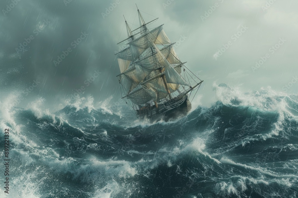 Fototapeta premium A tall ship navigates through turbulent waters