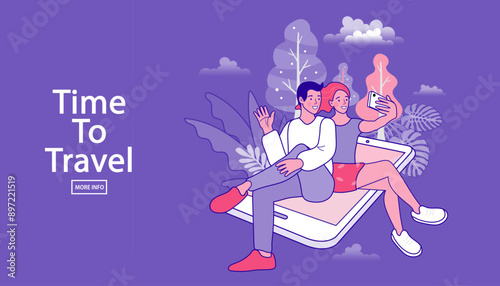 vector illustration of a travel couple with the map. travel and vacation concept.