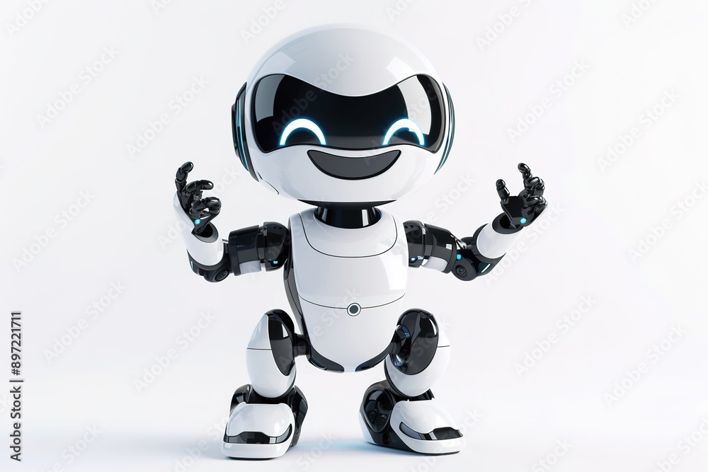 Smiling white humanoid robot with raised hands Smiling white humanoid robot with raised hands