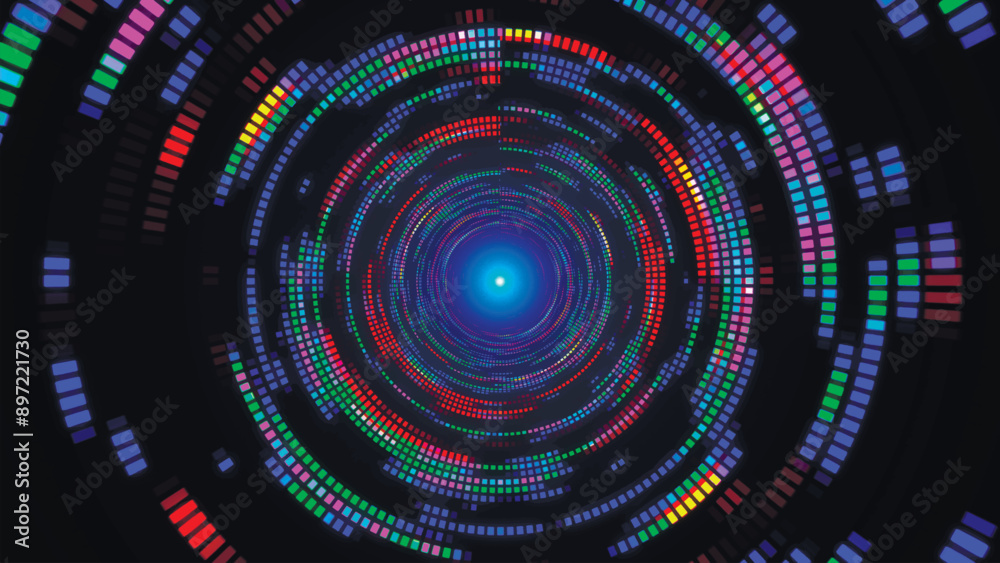 Obraz premium Bright colorful spiral. Colorful dotted spiral swirl circles. Green, yellow, blue, light blue and pink swirl pattern of round shaped dots. Glowing tunnel background, space landscape. Mosaic grunge par