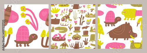 Cute swamp nature seamless patterns set. Funny hand drawn doodle repeatable pattern with turtle, beaver, duck, wader, heron, salamander, boar, pig. Morass, wood theme background