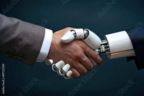 Human handshaking with robot arm, symbolizing human-AI cooperati photo