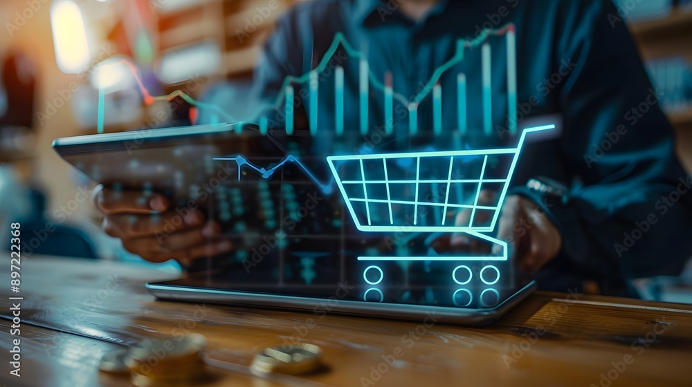 Increasing trend graph of sale volume with bigger shopping trolley cart on coins stacking for online sale business and ecommerce growth concept.