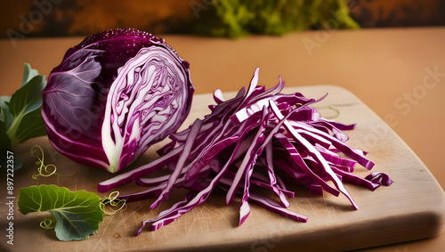 A vibrant purple cabbage sliced into thin slaw