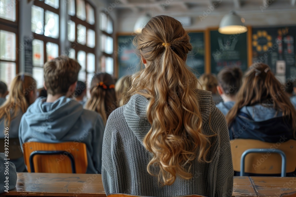 A young girl with braided hair is sitting in a school classroom facing the blackboard A young girl with braided hair is sitting in a school classroom facing the blackboard