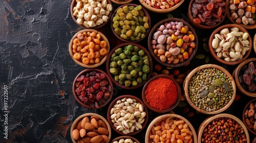 Assorted nuts and dried fruit. Organic food in wooden bowls.