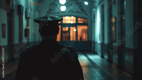 Night watchman in a museum, quiet and vigilant, protecting cultural heritage, nighttime security