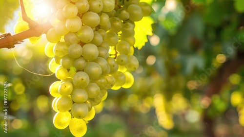 Close-up view of ripe green grapes hanging from a vine in the vineyard