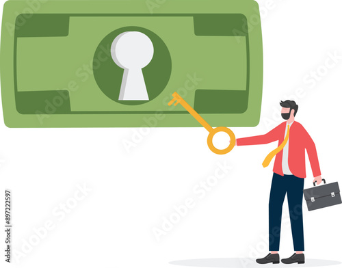 Business with key unlock the banknotes, business concept, wb and articles design,vector

