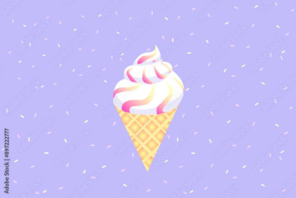 Tasty vanilla ice cream in a cone waffle with jam on top 