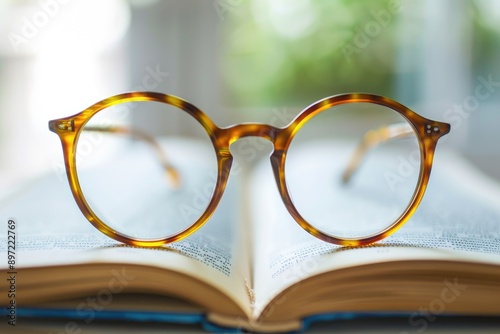 An open book with reading glasses