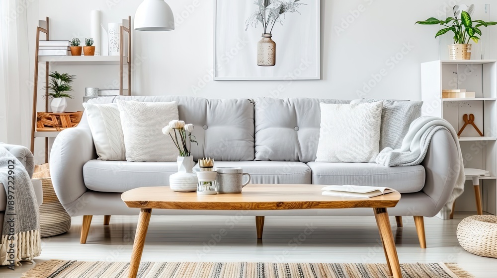 Obraz premium A cozy living room features a light grey sofa with white throw pillows, a natural wood coffee table, and a throw blanket. The room is decorated with a few houseplants, a small shelf, and artwork