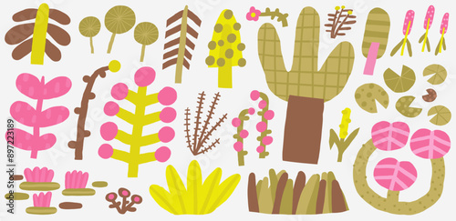 Cute swamp funny hand drawn doodle plants set with flowers, trees, water lily, leaf, branch, grass. Cartoon style nature elements set. Marsh, wetland, backwater, pond, lake decorative collection