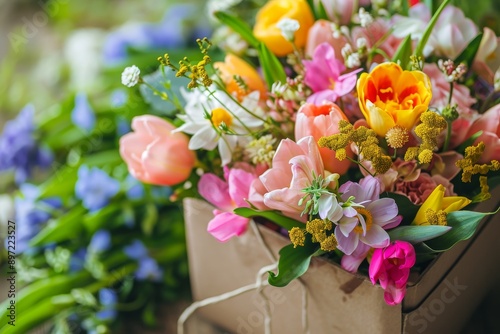 Wallpaper Mural A colorful arrangement of various flowers placed neatly in a box, creating a vibrant display, Gift box bursting with spring flowers, AI Generated Torontodigital.ca