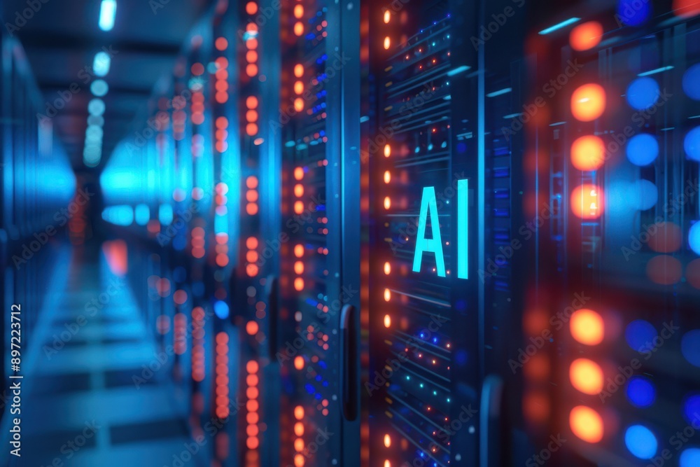 AI servers in data center on blurry dark background AI servers in data center on blurry dark background