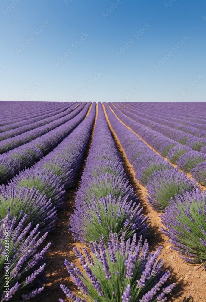 Obraz premium Vibrant field of lavender stretching towards the horizon under a clear blue sky (summer). 