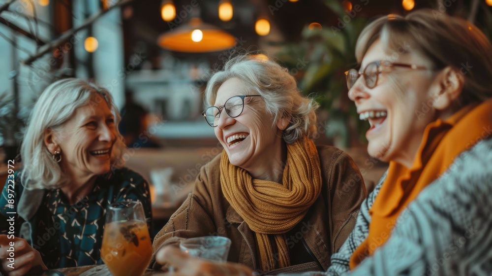 Three elderly women laughing and enjoying drinks in a cozy indoor setting, highlighting friendship and joyful moments together. Three elderly women laughing and enjoying drinks in a cozy indoor setting, highlighting friendship and joyful moments together.