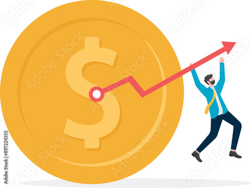 Businessman is hanging on the dollar's pointer, business concept, wb and articles design,vector

