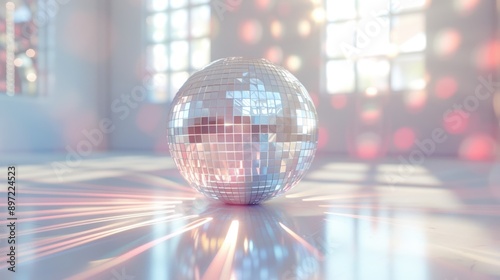 A disco ball reflecting light in a sunlit room, creating a lively and nostalgic atmosphere perfect for dance and party themes.