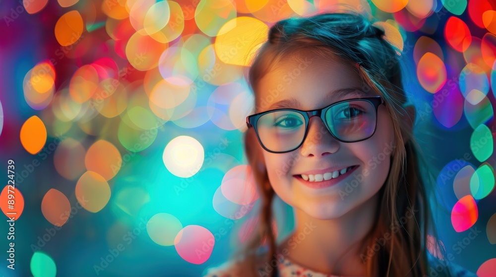 A happy girl wearing glasses stands in front of a colorful bokeh background, exuding joy and vibrant energy. A happy girl wearing glasses stands in front of a colorful bokeh background, exuding joy and vibrant energy.