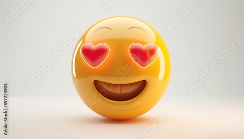 emoji icon of a face with hearts for eyes showing love and affection in bright yellow set against a white background The rendering is highly realistic