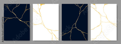 Golden kintsugi cracks, marble texture pattern, white and black floor tile. Vector vertical backgrounds intertwine graceful veins and gold broken seams, embodying the Japanese aesthetic