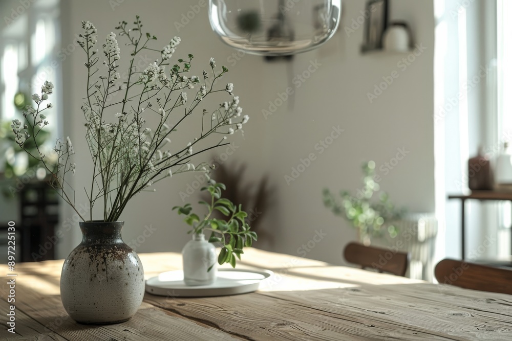 Vase with gypsophila flowers on wooden table in living room Vase with gypsophila flowers on wooden table in living room