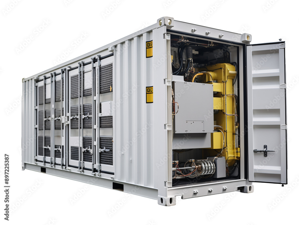 a white container with yellow and black equipment a white container with yellow and black equipment