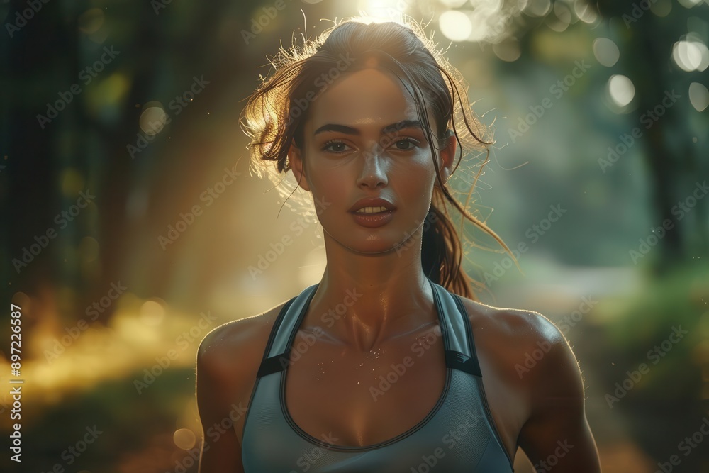 Runner with cramping calf, park trail, determined face, early morning light, side angle, natural colors, dynamic action Runner with cramping calf, park trail, determined face, early morning light, side angle, natural colors, dynamic action
