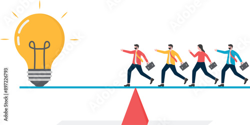 Out of balance, a group of businessmen on the balanced lever all run to the side of idea,

