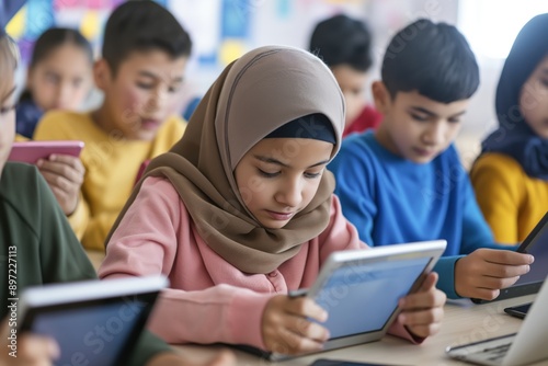 A young girl wearing a hijab sits at a desk with other students, all using tablets for their lesson