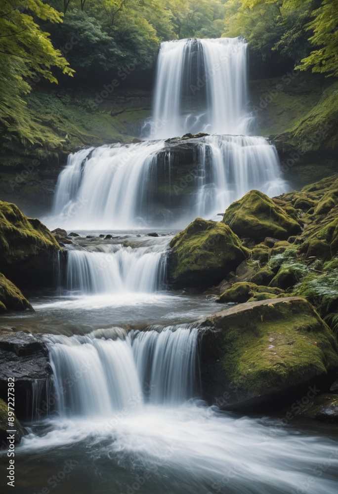 Blurred motion photo of a waterfall, capturing the power and movement of the water. Blurred motion photo of a waterfall, capturing the power and movement of the water.