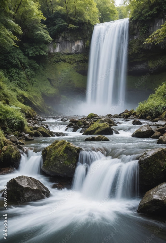 Fototapeta premium Blurred motion photo of a waterfall, capturing the power and movement of the water. 