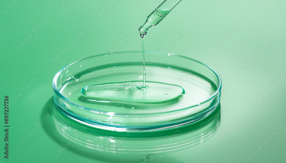 Pipette with transparent cosmetic liquid, glass petri dish on green background. Face serum. Close-up Pipette with transparent cosmetic liquid, glass petri dish on green background. Face serum. Close-up