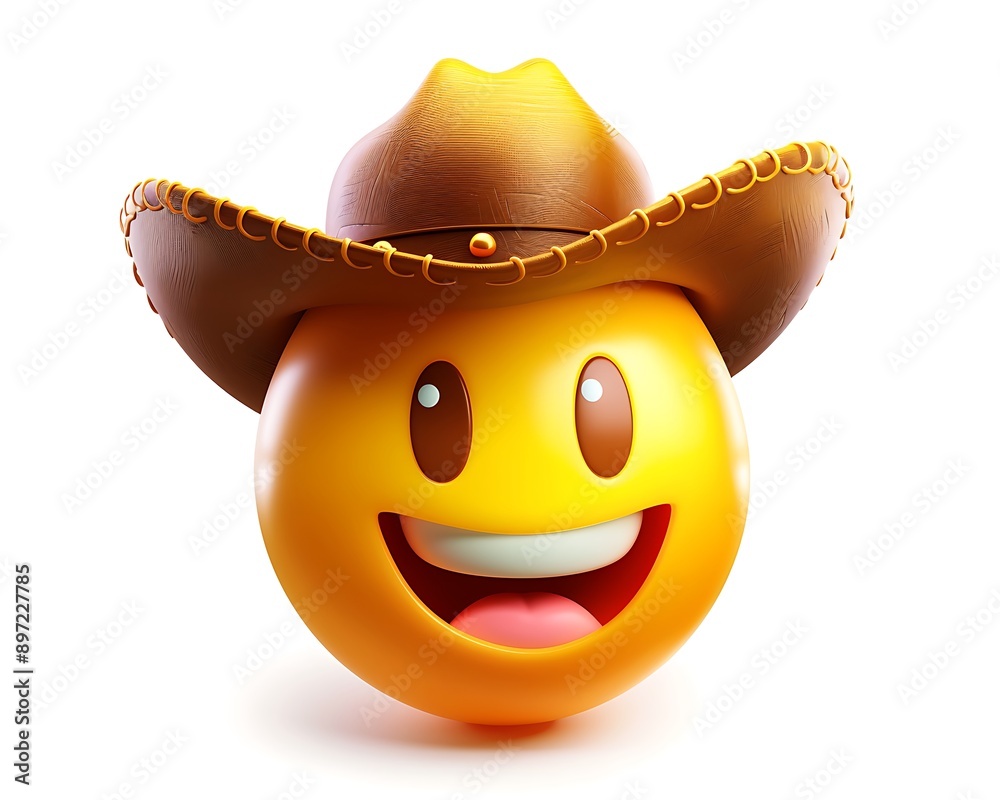 emoji icon of a face with a cowboy hat featuring a cheerful expression in bright yellow isolated on a white background The details are sharp and lifelike emoji icon of a face with a cowboy hat featuring a cheerful expression in bright yellow isolated on a white background The details are sharp and lifelike
