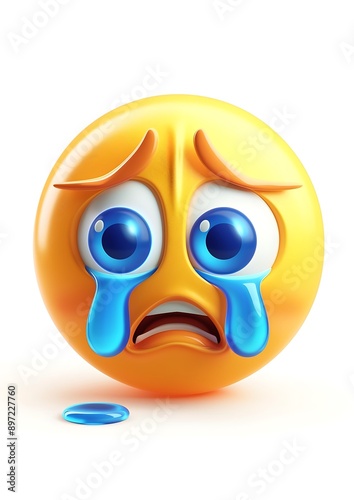 emoji icon of a crying face featuring large blue tears and a sad expression rendered in bright yellow set against a white background The details are sharp and lifelike