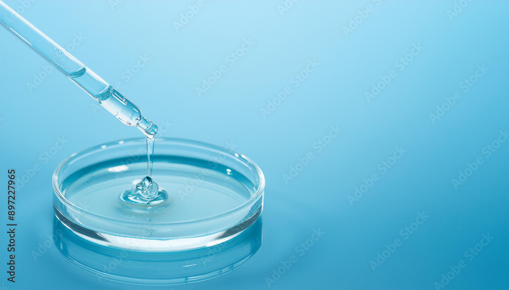 Pipette with transparent cosmetic liquid, glass petri dish on blue background. Face serum. Close-up