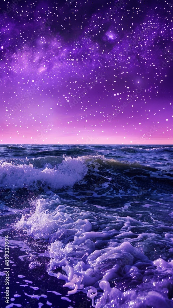 Naklejka premium Purple night sky with stars and ocean waves crashing