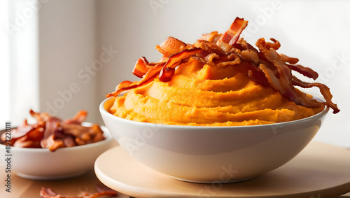 A bowl of creamy mashed sweet potatoes topped with crispy bacon