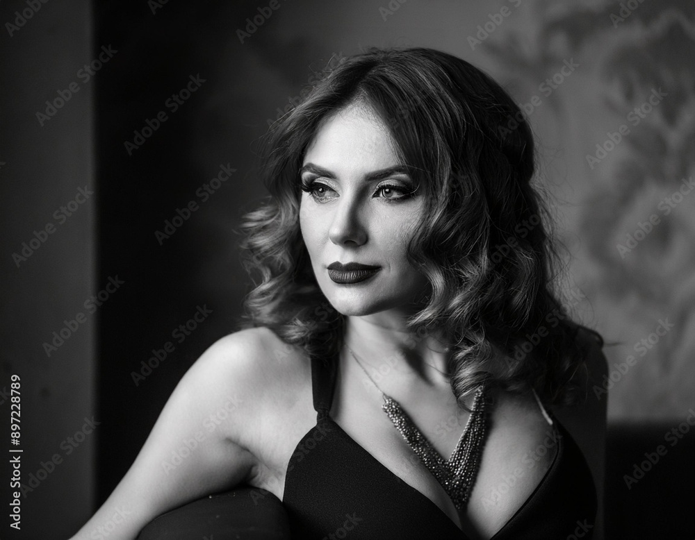 Elegant Film Noir Headshot of a Woman: Timeless Vintage Portrait with Dramatic Lighting and Shadows