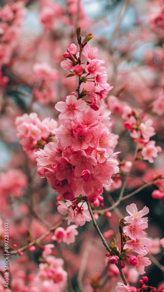 A close-up of a branch of cherry blossoms in full bloom A close-up of a branch of cherry blossoms in full bloom