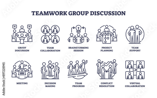 Teamwork group discussion icons with partnership outline collection set. Labeled elements with business collaboration and communication vector illustration. Colleague and partner communication.